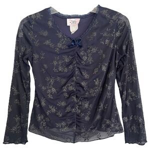 Zoey Y2K Whimsigoth Top Small Chiffon Navy Silver Floral Velvet Bow Fairycore